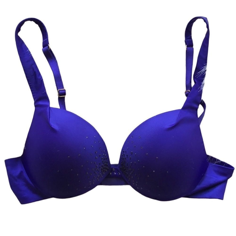 VICTORIAS SECRET- Plunge Satin Midnight Blue W/ Rhinestones Padded Bra, Size 34D